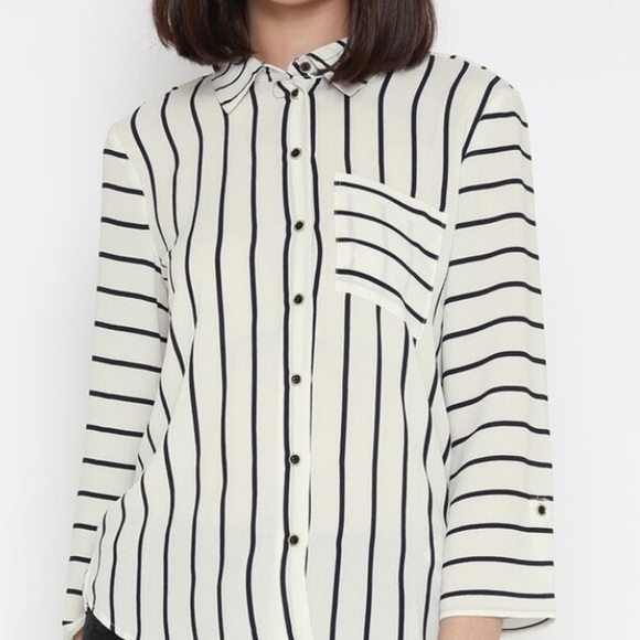 Jacqueline de Yong by Only Cream & Navy Striped Shirt Size 40 Small - Picture 13 of 13